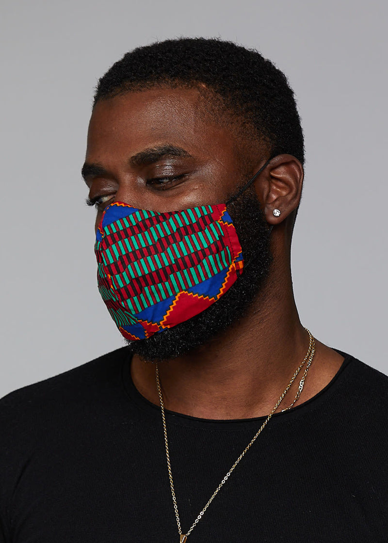 Shaka African Print 3 Layer Reusable Face Mask (BLUE RED KENTE)-Clearance