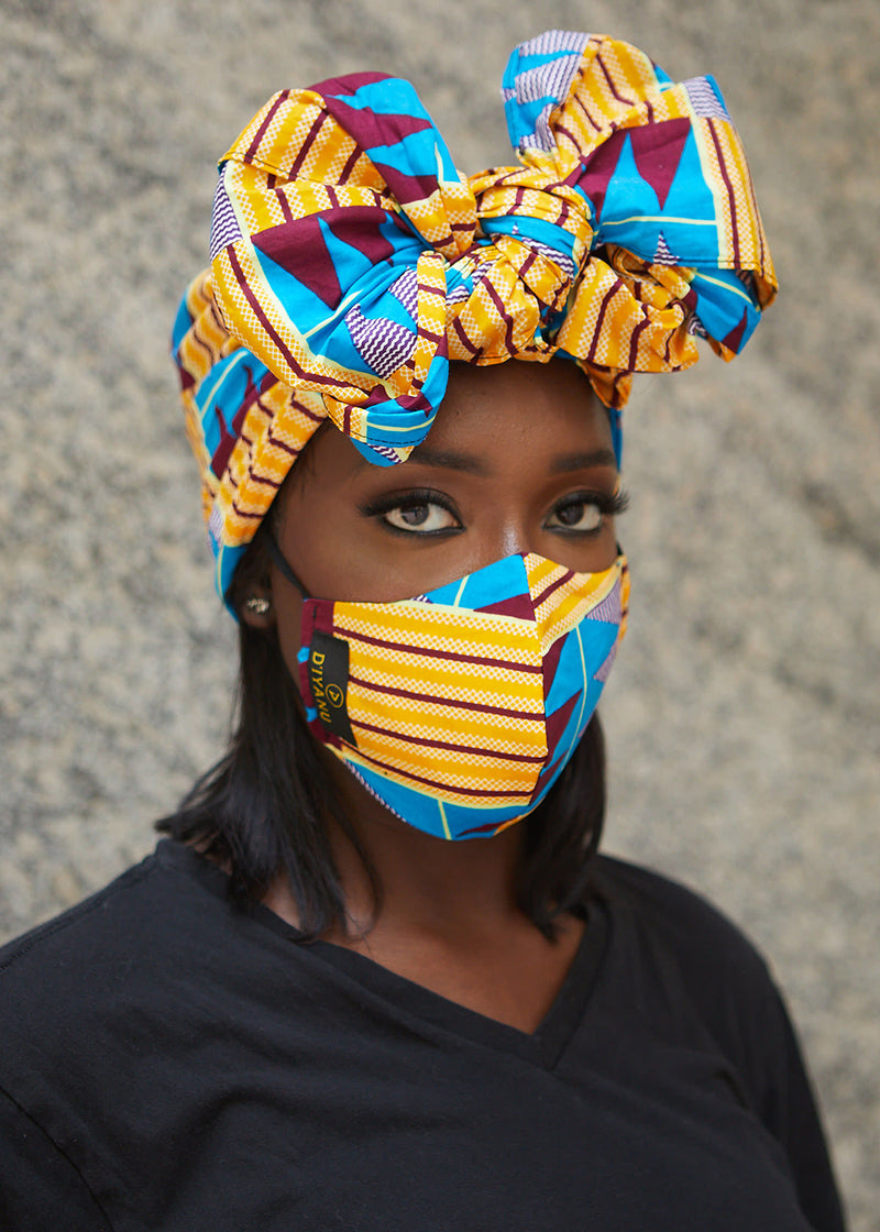 Dabo African Print 2 Layer Reusable Face Mask (Tan Blue Kente)-Clearance