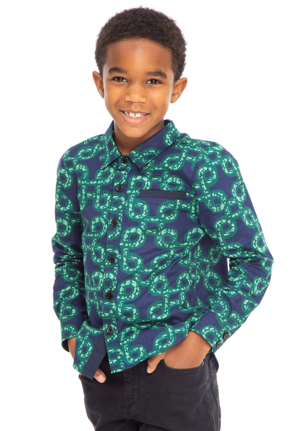 Kioko Boy's African Print Button-Up Shirt (Green Adinkra)- Clearance