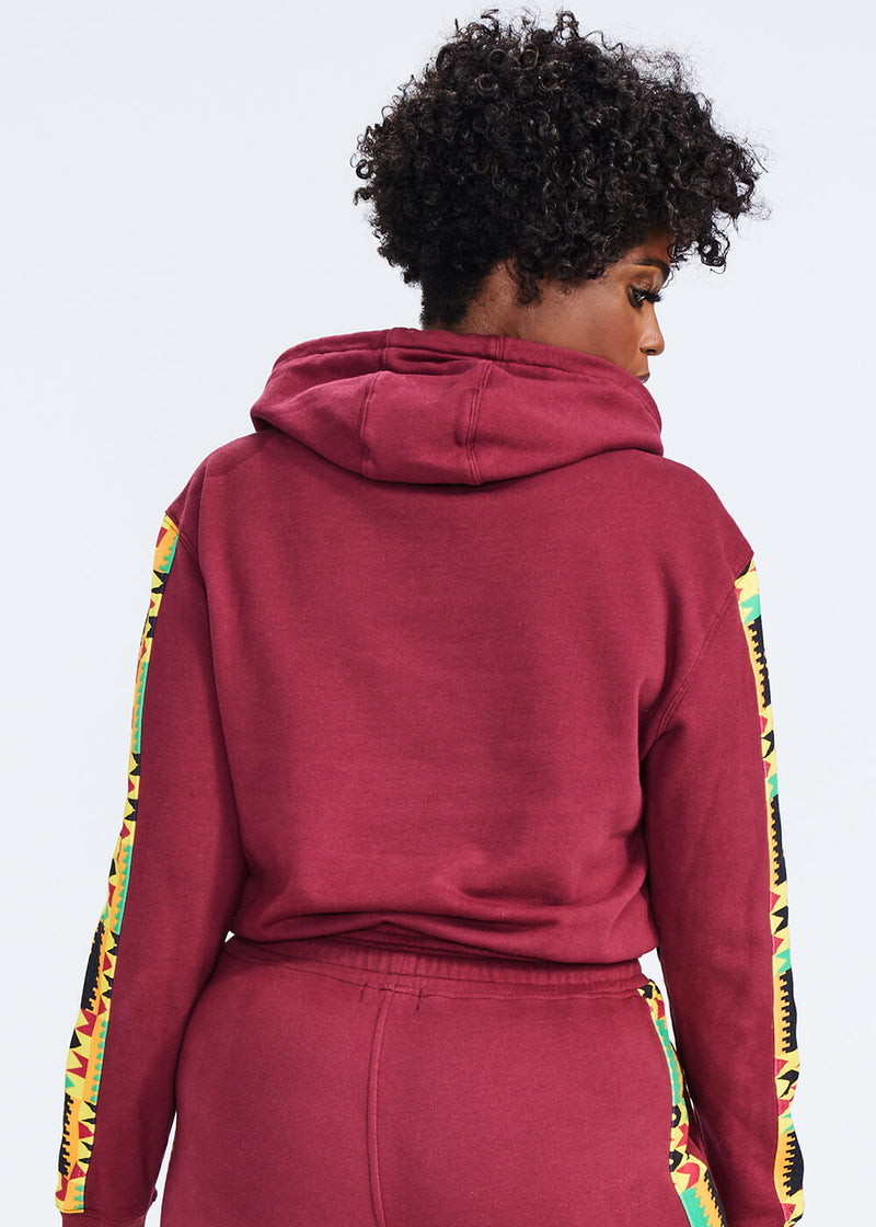 Sare Women's African Print Color Blocked Crop Hoodie (Maroon/ Gold Maroon Kente) - Clearance