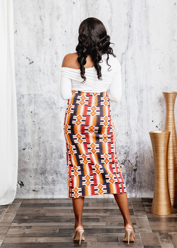 Kahwia Women's African Print Knit Pencil Skirt (Cream Orange Kente) - Clearance