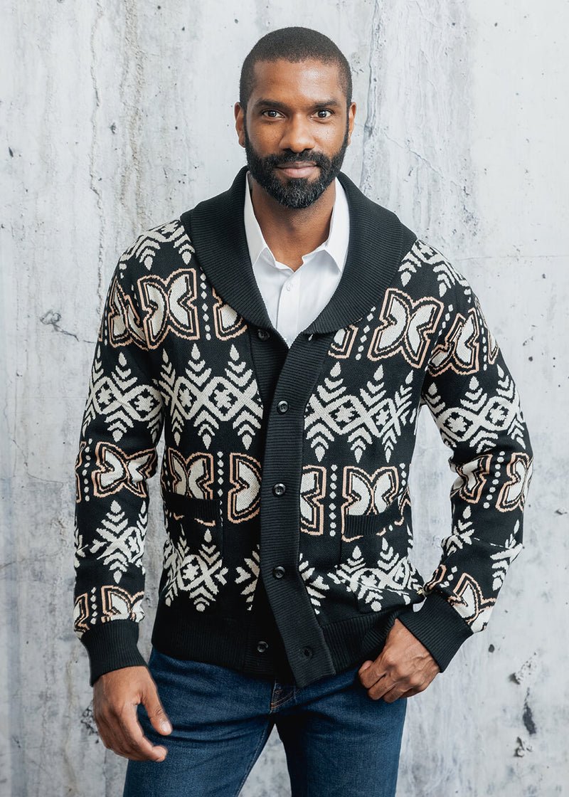 Aren African Print Button-Up Cardigan Sweater (Black Tan Batik) - Clearance
