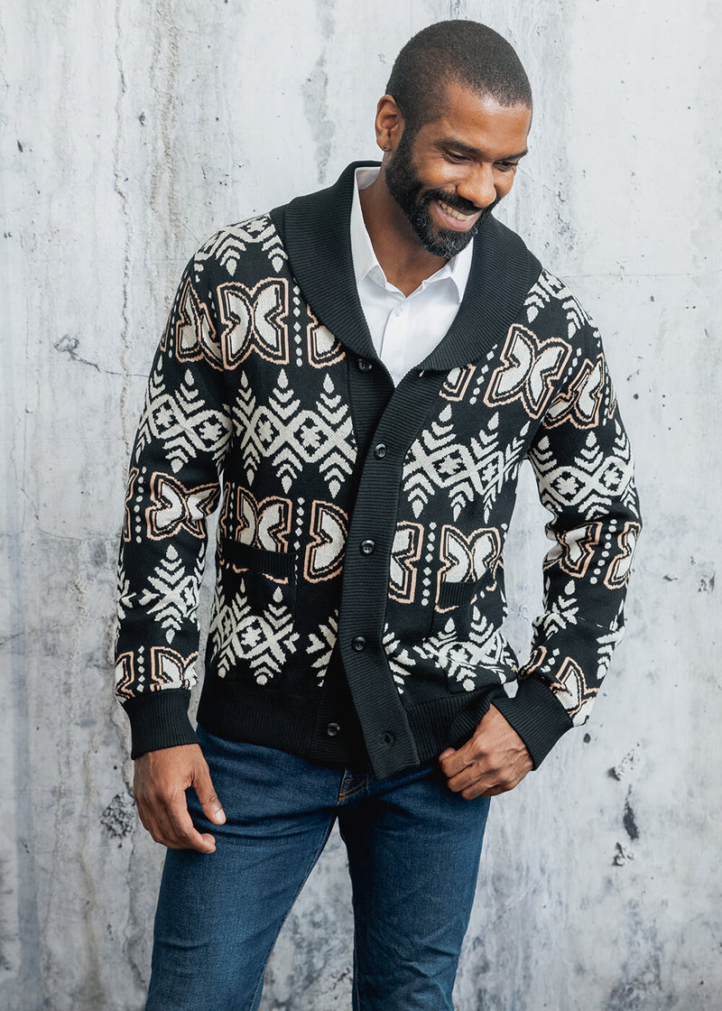 Aren African Print Button-Up Cardigan Sweater (Black Tan Batik) - Clearance