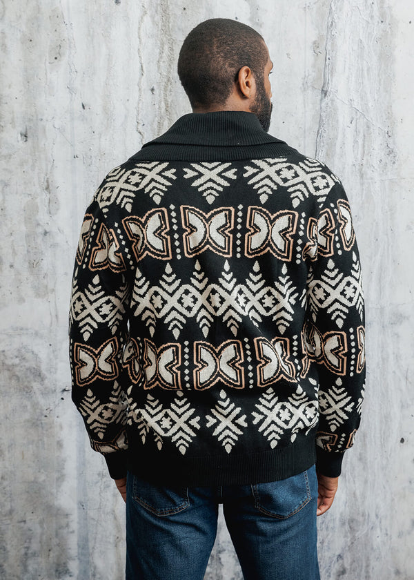 Aren African Print Button-Up Cardigan Sweater (Black Tan Batik) - Clearance