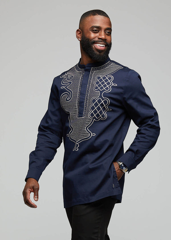 Dubaku Men's Traditional African Embroidery Shirt (Navy)