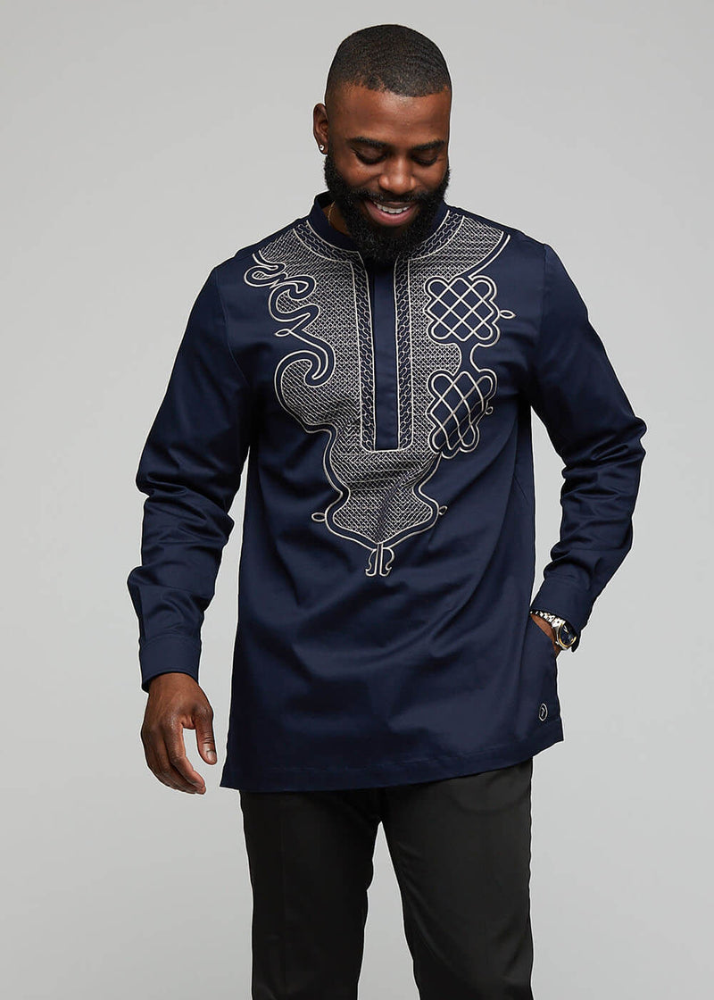 Dubaku Men's Traditional African Embroidery Shirt (Navy)