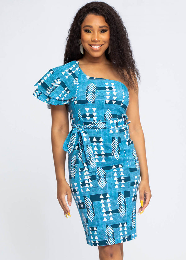 Mojaji Women's African Print One-Shoulder Fitted Dress (Navy White Mudcloth) - Clearance