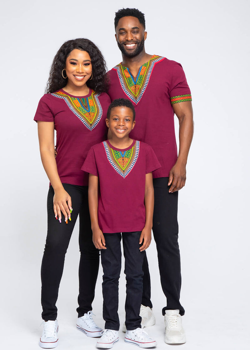 Men's African Print Dashiki T-Shirt (Deep Maroon)