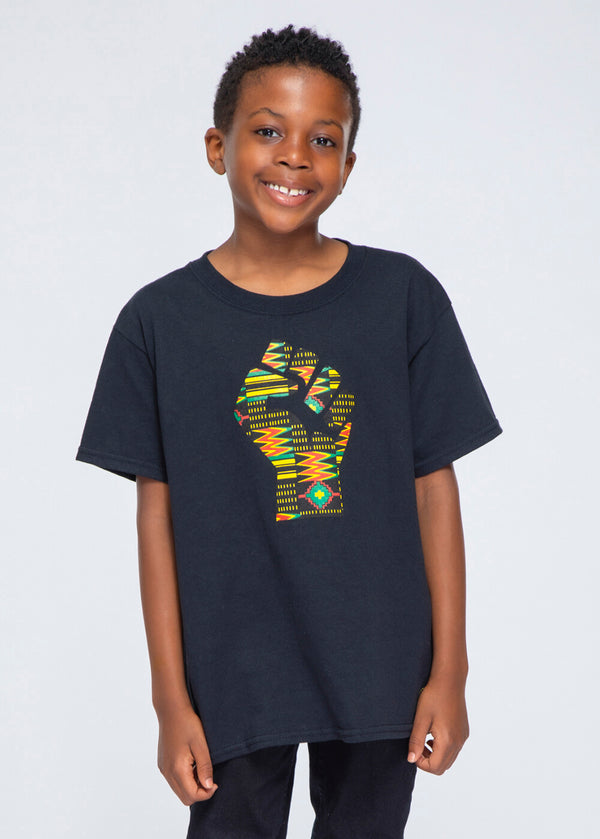 Julo African Print Graphic Fist T-shirt (Black/Black Green Kente) - Clearance