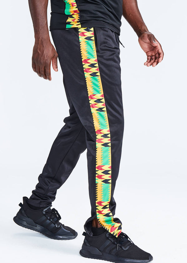 Lagbara Men's African Print Color Blocked Track Pants (Black/Gold Maroon Kente)- Clearance