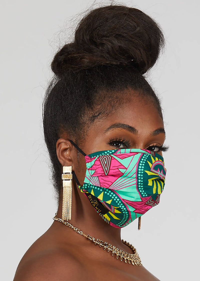 Uzo African Print 2 Layer Reusable Face Mask (Green Pink Sunrise)-Clearance