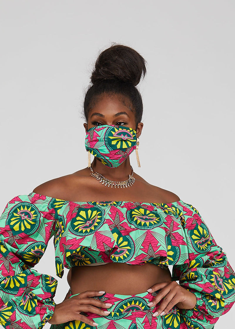 Uzo African Print 2 Layer Reusable Face Mask (Green Pink Sunrise)-Clearance