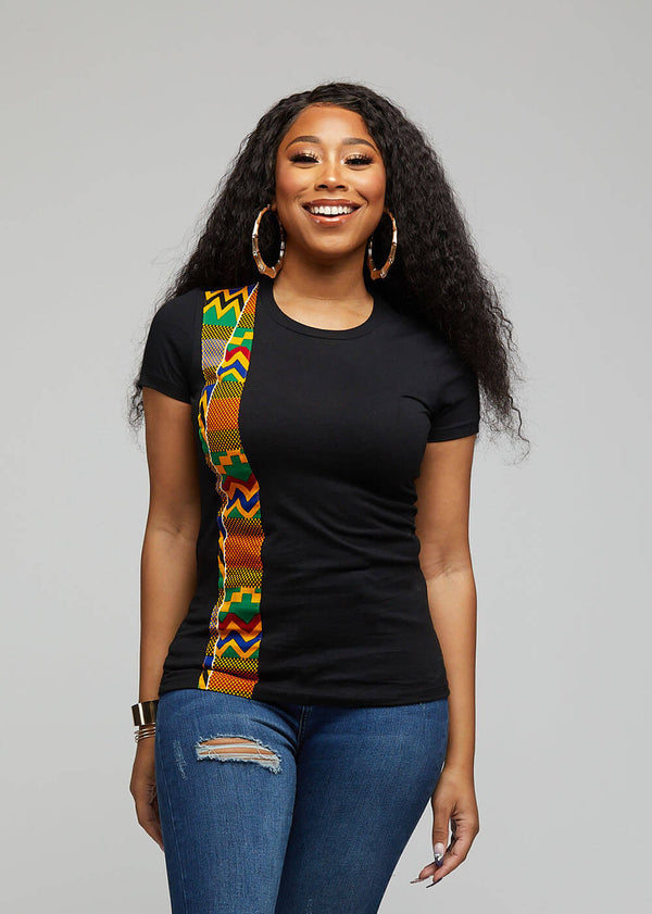 Kasi Women's African Print Short Sleeve T-Shirt ( Black/Green Yellow Kente)
