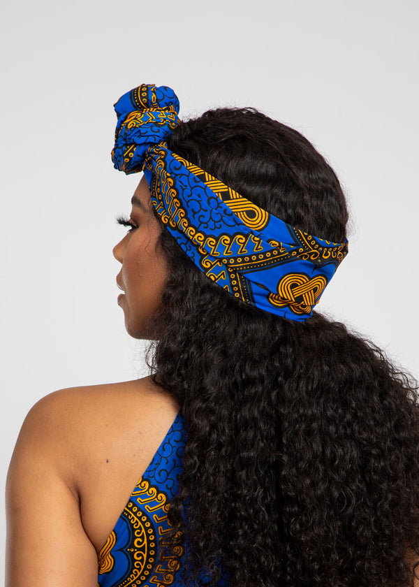African Print Head Wrap/Scarf (Gold Blue Motif) - Clearance