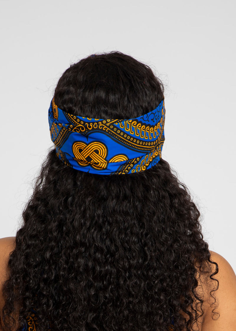 African Print Head Wrap/Scarf (Gold Blue Motif) - Clearance