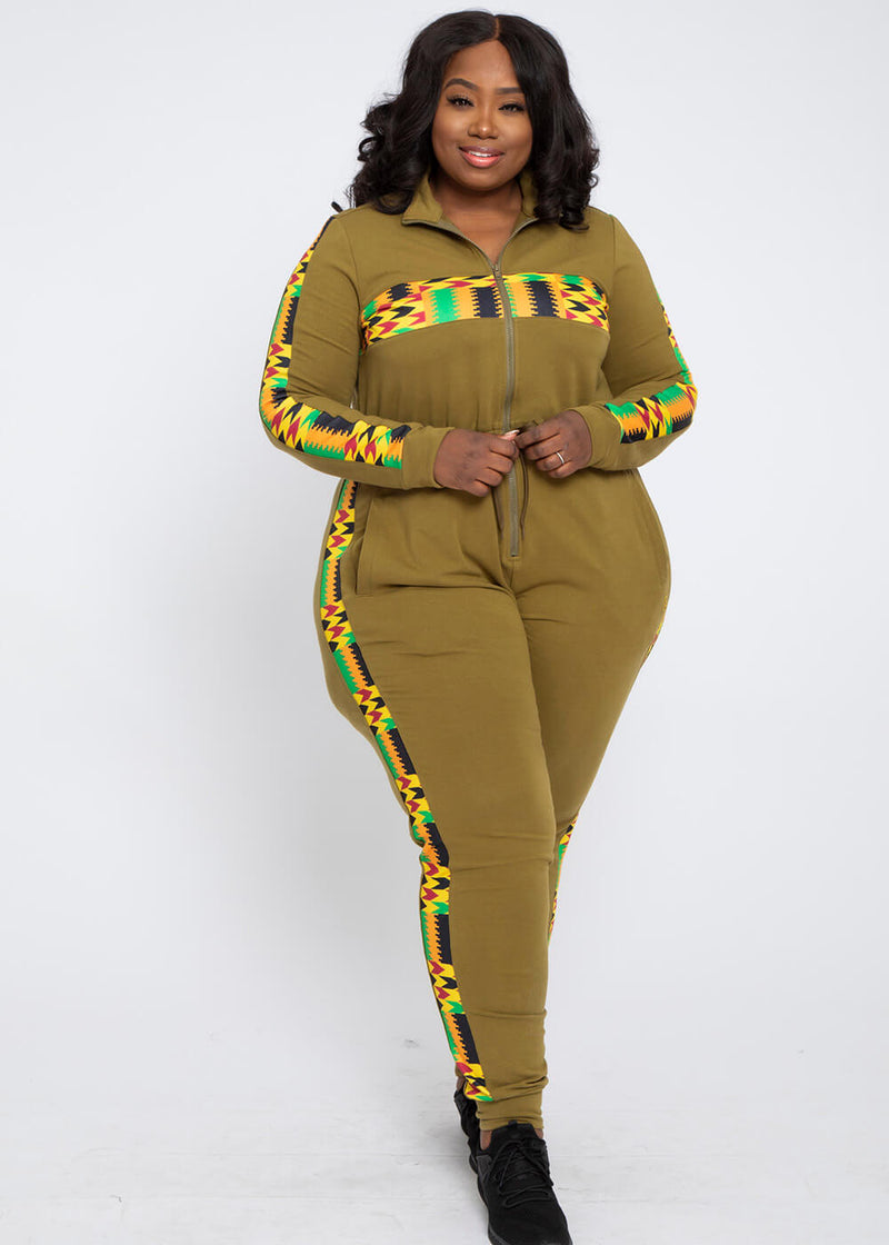 Imuna Women's African Print Color Blocked Zip-Up Jumpsuit (Olive Green/Gold Maroon Kente) - Clearance