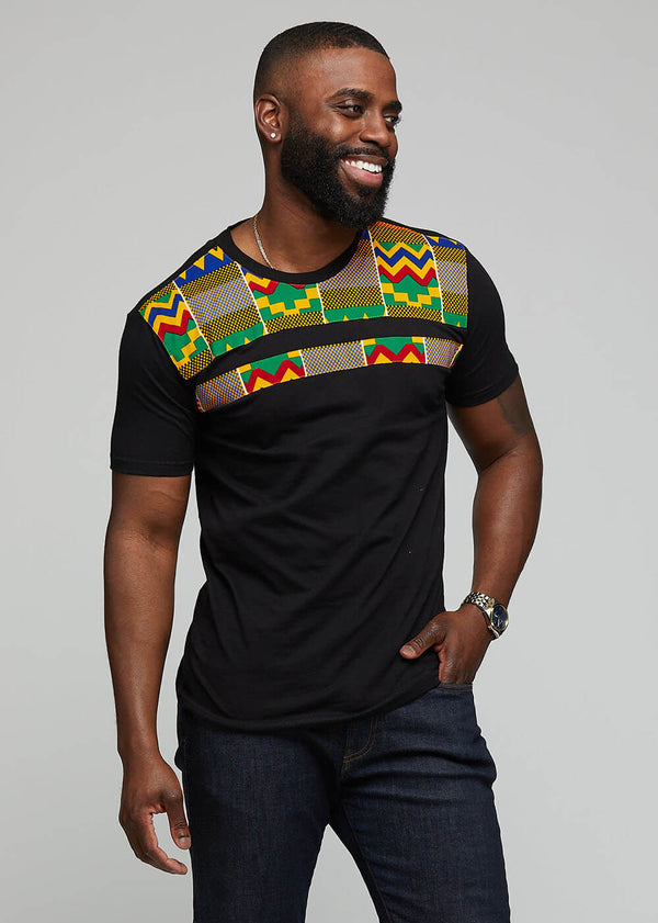 Kaleb African Print T- shirt ( Black/Green Yellow Kente) - Clearance