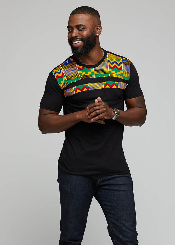 Kaleb African Print T- shirt ( Black/Green Yellow Kente) - Clearance