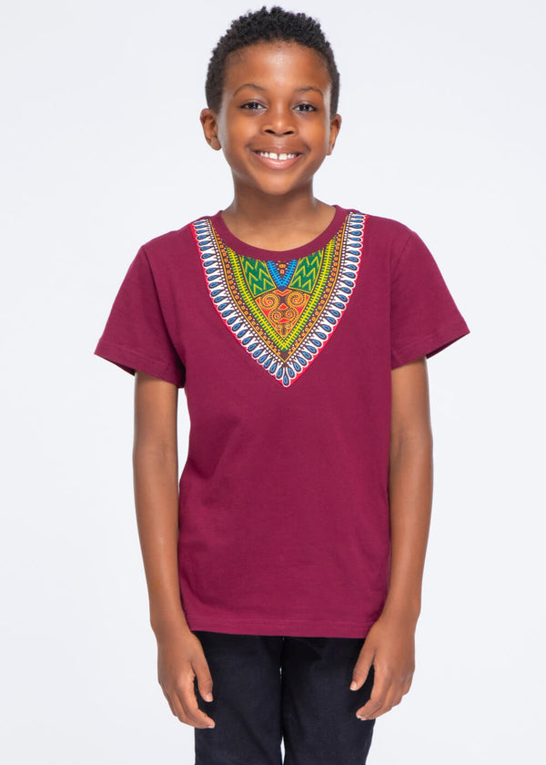 Kid's African Print Dashiki T-Shirt (Deep Maroon) - Clearance