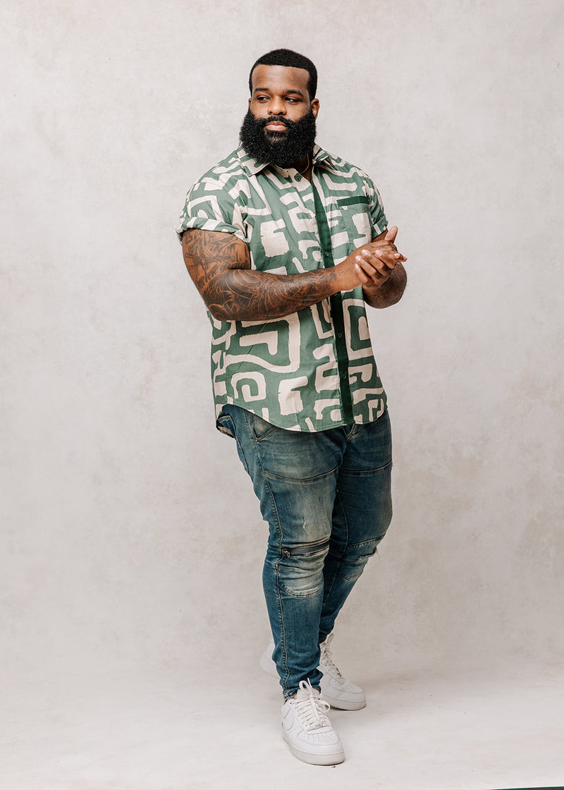 Hakim Men's Button-Up Shirt (Olive Geometric)