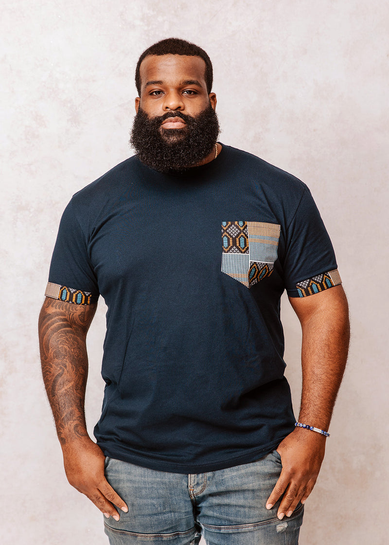 Seun Men's African Print T-Shirt with Pocket (Blue/Tan Navy)