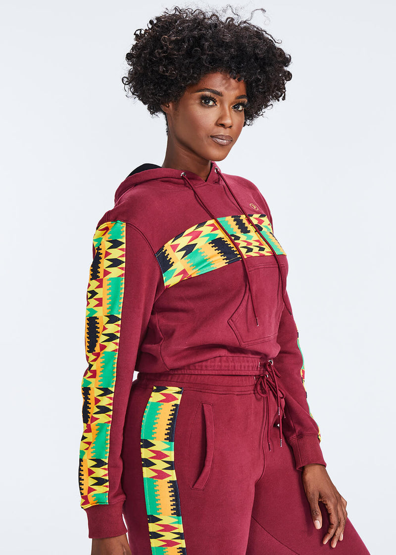 Sare Women's African Print Color Blocked Crop Hoodie (Maroon/ Gold Maroon Kente) - Clearance
