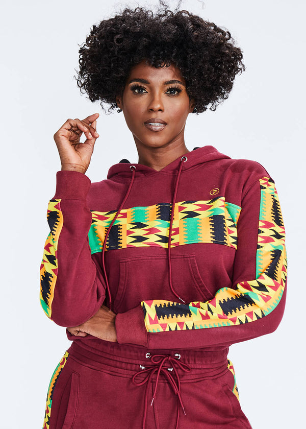 Sare Women's African Print Color Blocked Crop Hoodie (Maroon/ Gold Maroon Kente) - Clearance
