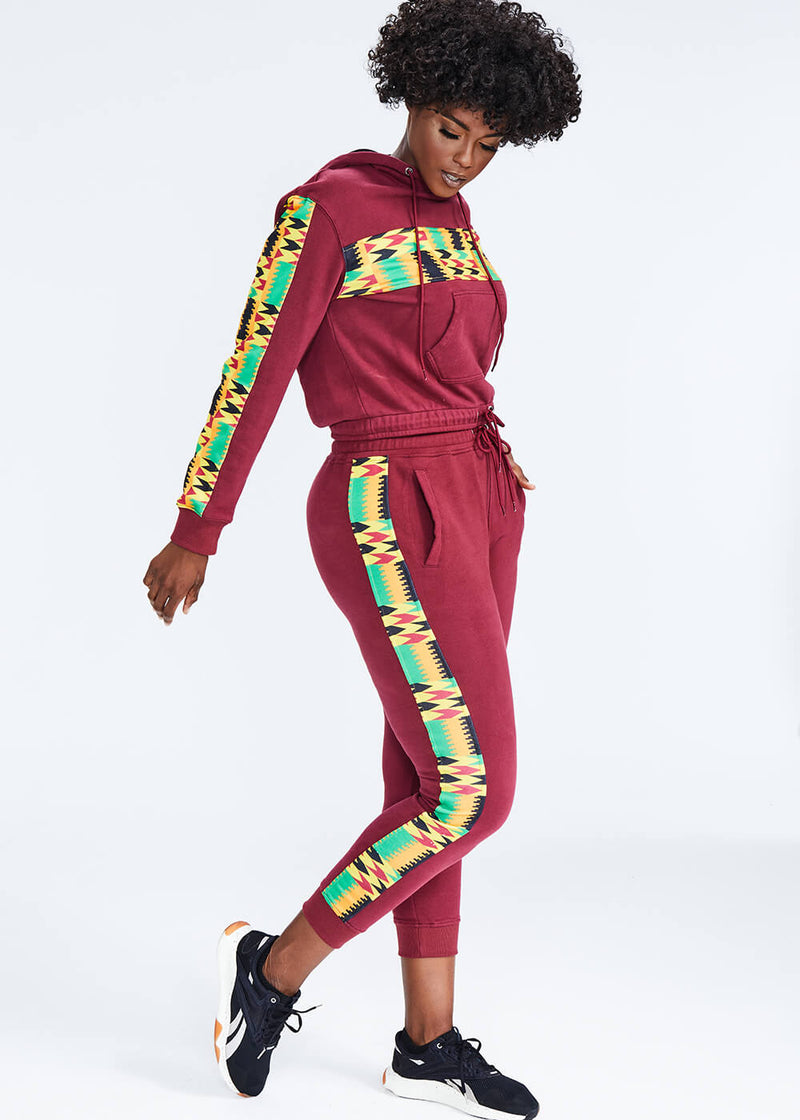 Sare Women's African Print Color Blocked Crop Hoodie (Maroon/ Gold Maroon Kente) - Clearance