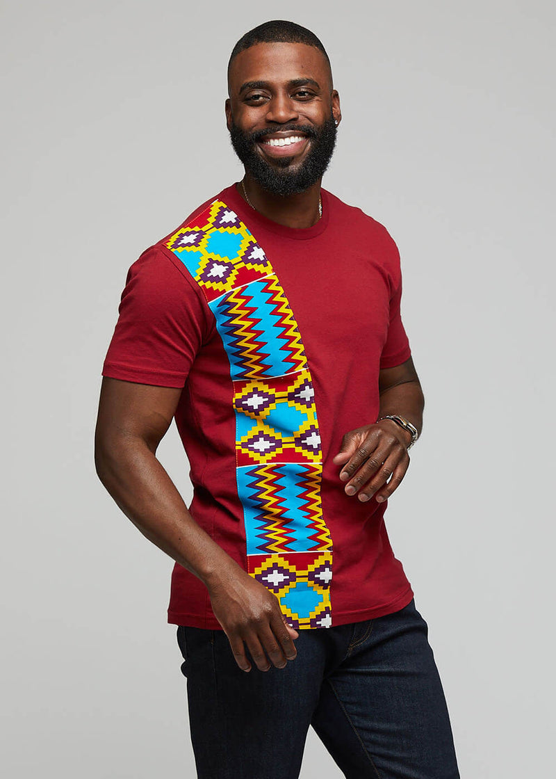 Kwau African Print T-Shirt (Maroon/Sky Blue Yellow Kente)