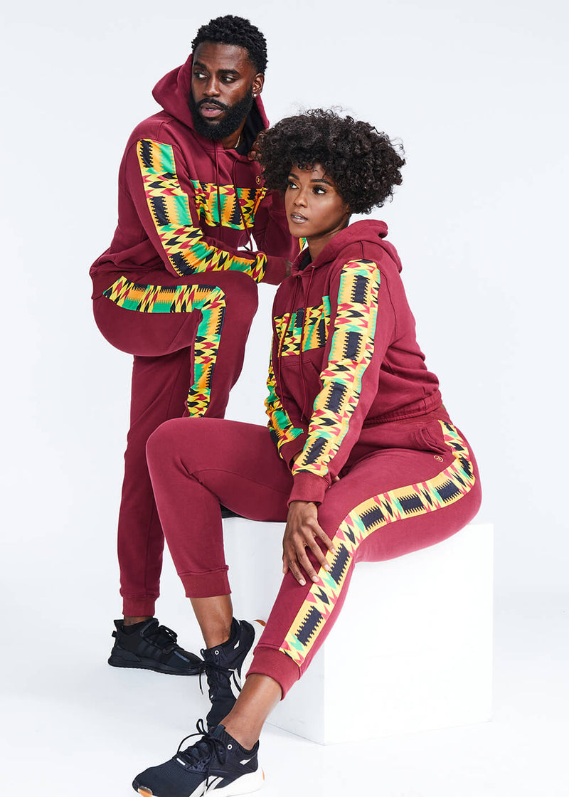 Oloyo Men's African Print Color Blocked Jogger (Maroon/Gold Maroon Kente) - Clearance