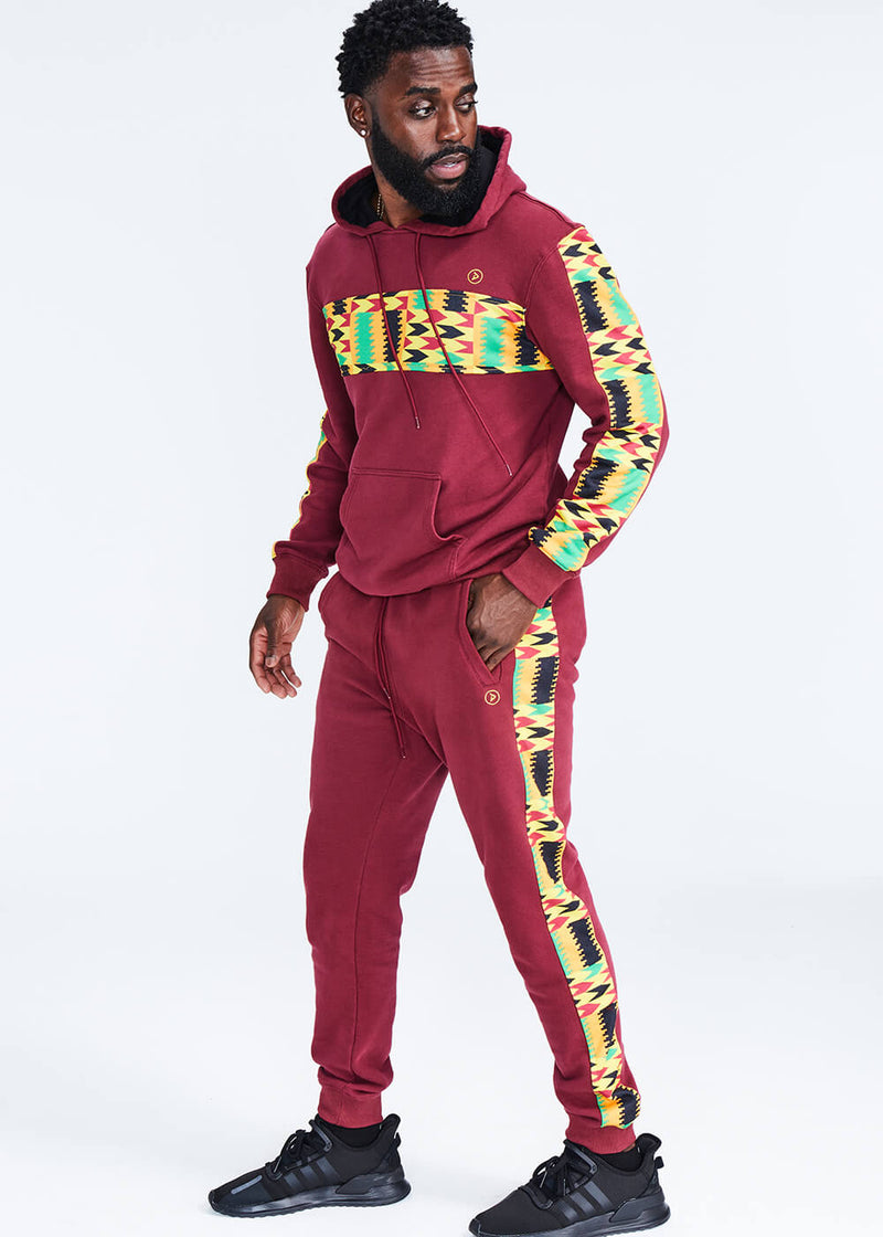Oloyo Men's African Print Color Blocked Jogger (Maroon/Gold Maroon Kente) - Clearance