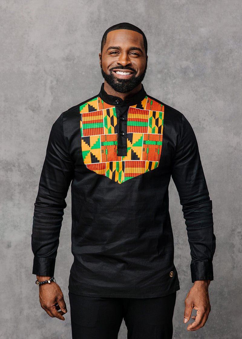 Meka Men's African Print Collared Henley Shirt (Yellow/Green Kente)