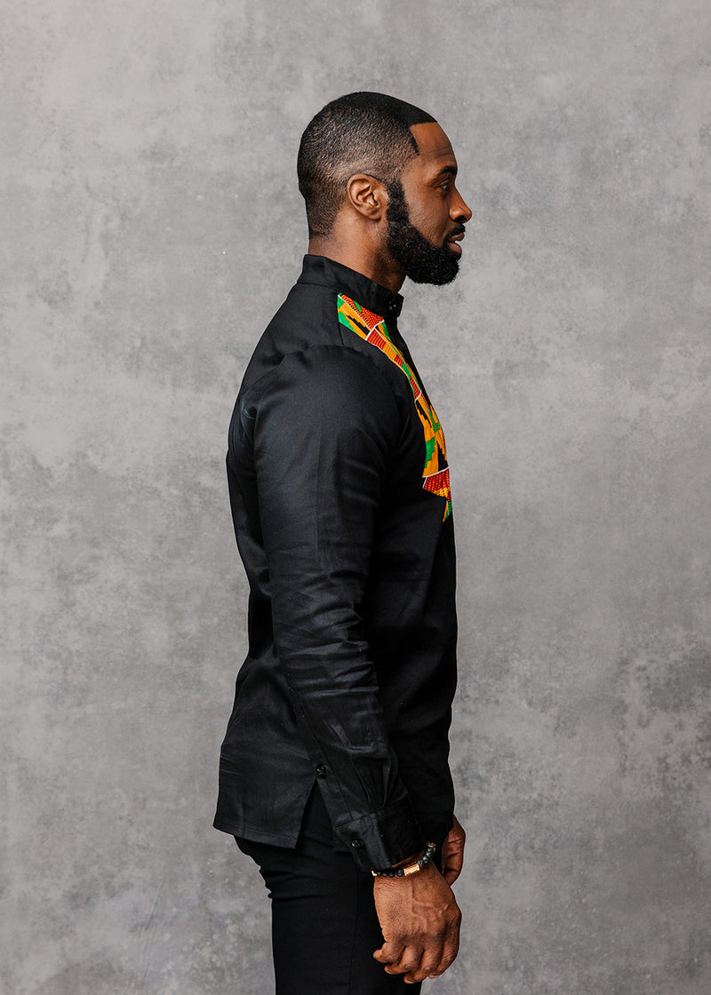Meka Men's African Print Collared Henley (Yellow/Green Kente)