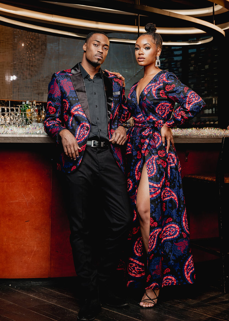 Rehema Women's African Print Maxi Dress (Black Maroon Paisley) - Clearance