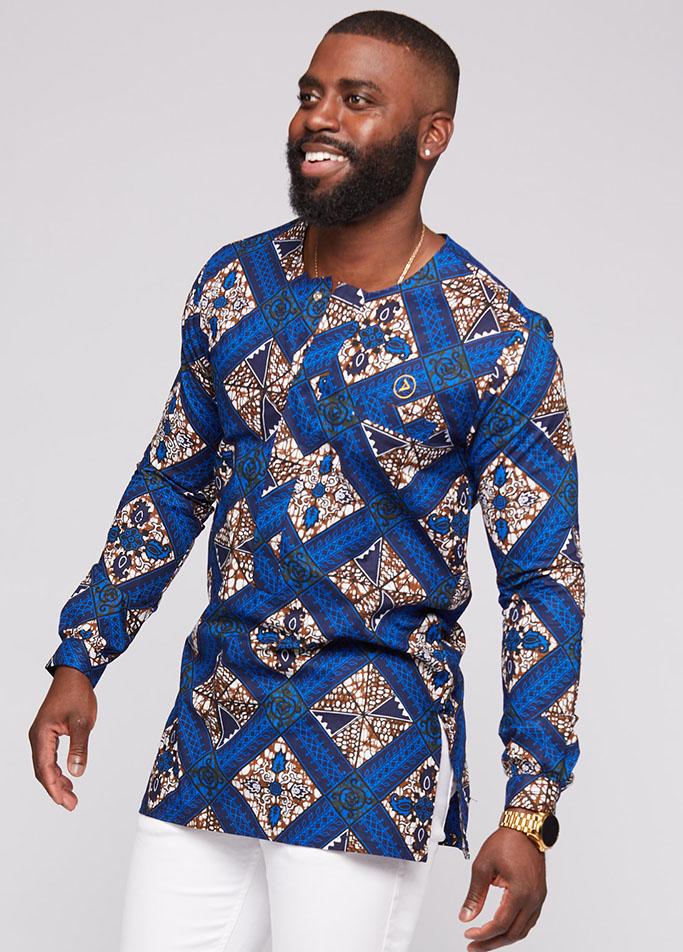Men's Tops - Jafari Men's African Print Long Sleeve Traditional Shirt (Blue Tan Diamonds)