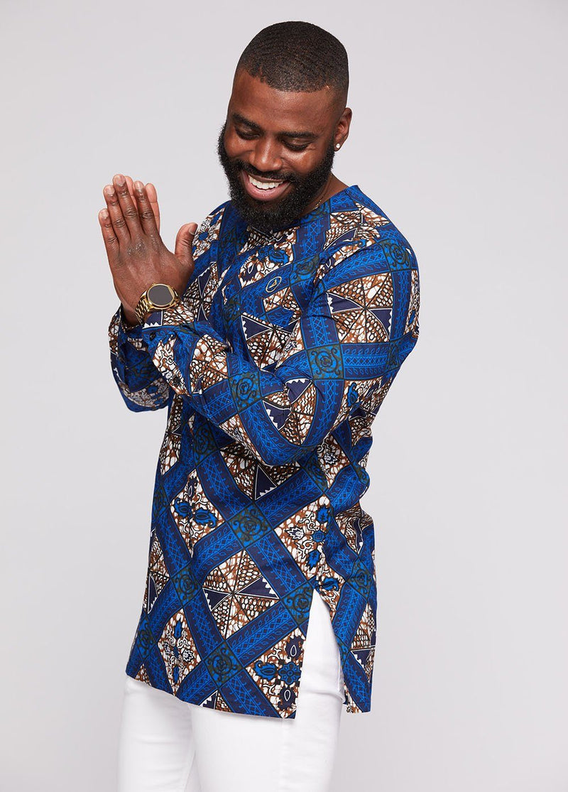 Men's Tops - Jafari Men's African Print Long Sleeve Traditional Shirt (Blue Tan Diamonds)