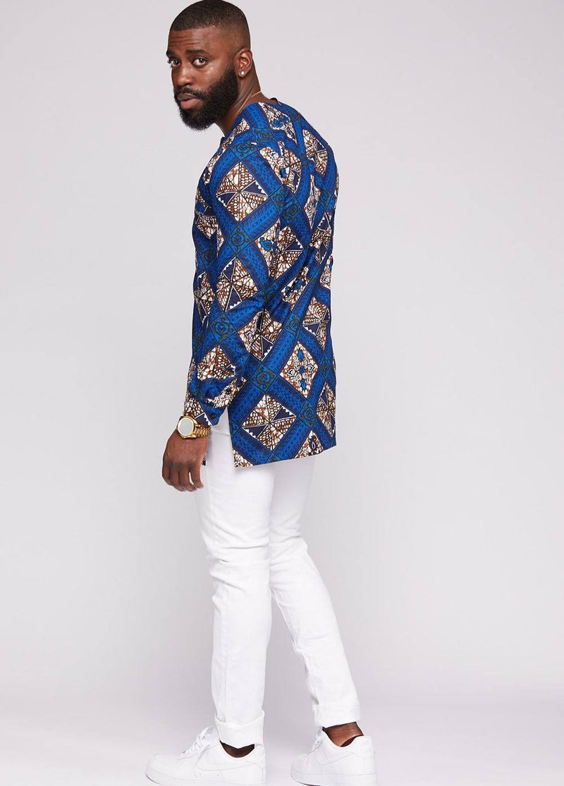 Men's Tops - Jafari Men's African Print Long Sleeve Traditional Shirt (Blue Tan Diamonds)