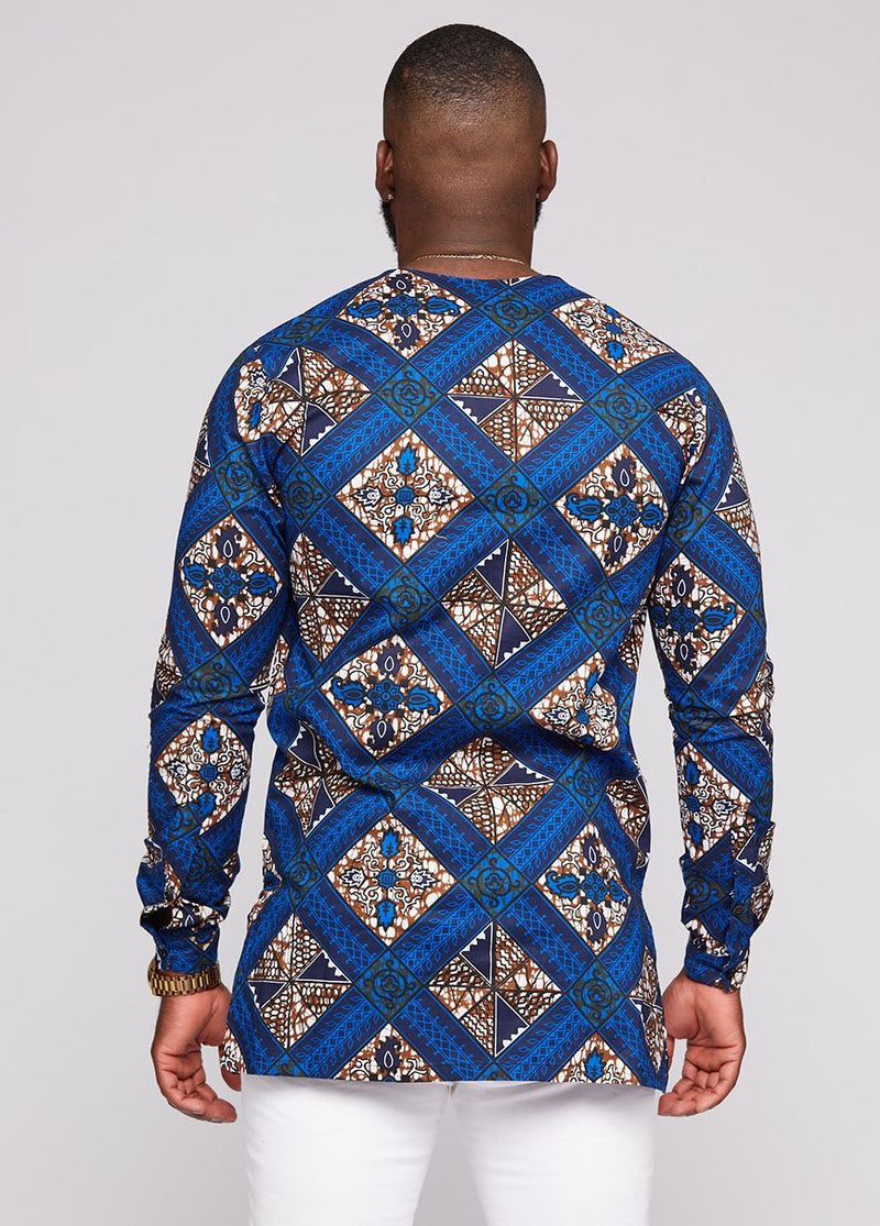 Men's Tops - Jafari Men's African Print Long Sleeve Traditional Shirt (Blue Tan Diamonds)