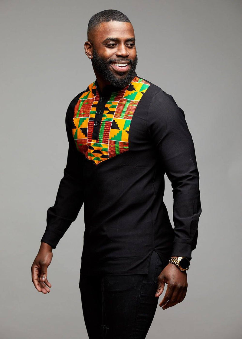 Men's Tops - Meka Men's African Print Collared Henley (Yellow/Green Kente)