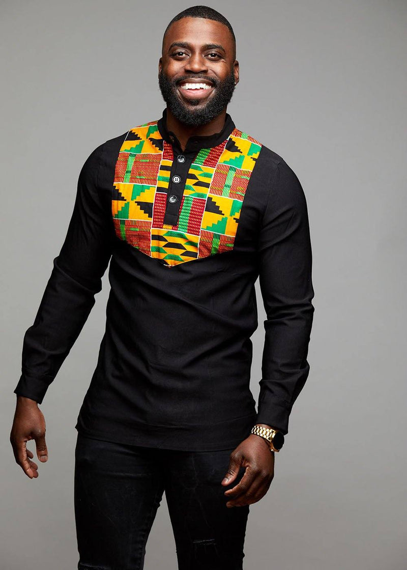 Men's Tops - Meka Men's African Print Collared Henley (Yellow/Green Kente)