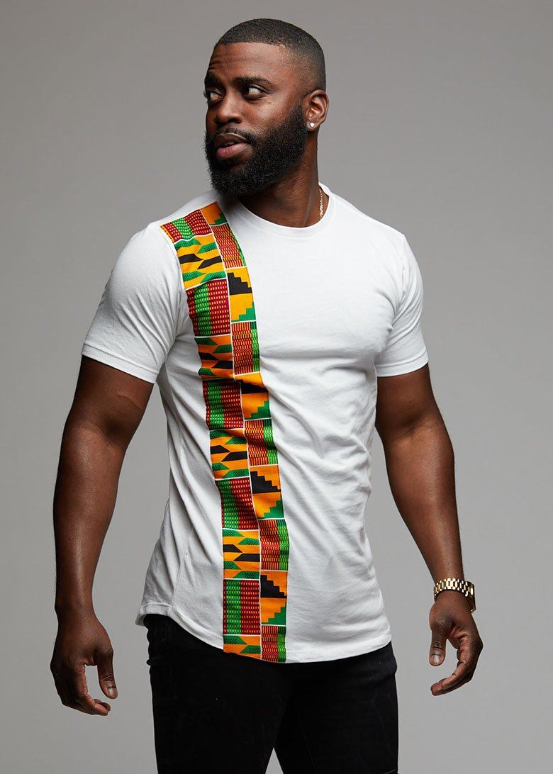 Men's Tops - Sadik African Print Short Sleeve Tee (Yellow Green Kente On White))