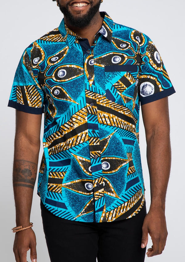 Deion Men's African Print Short Sleeve Button-Up Shirt (Sky Blue Flowers)