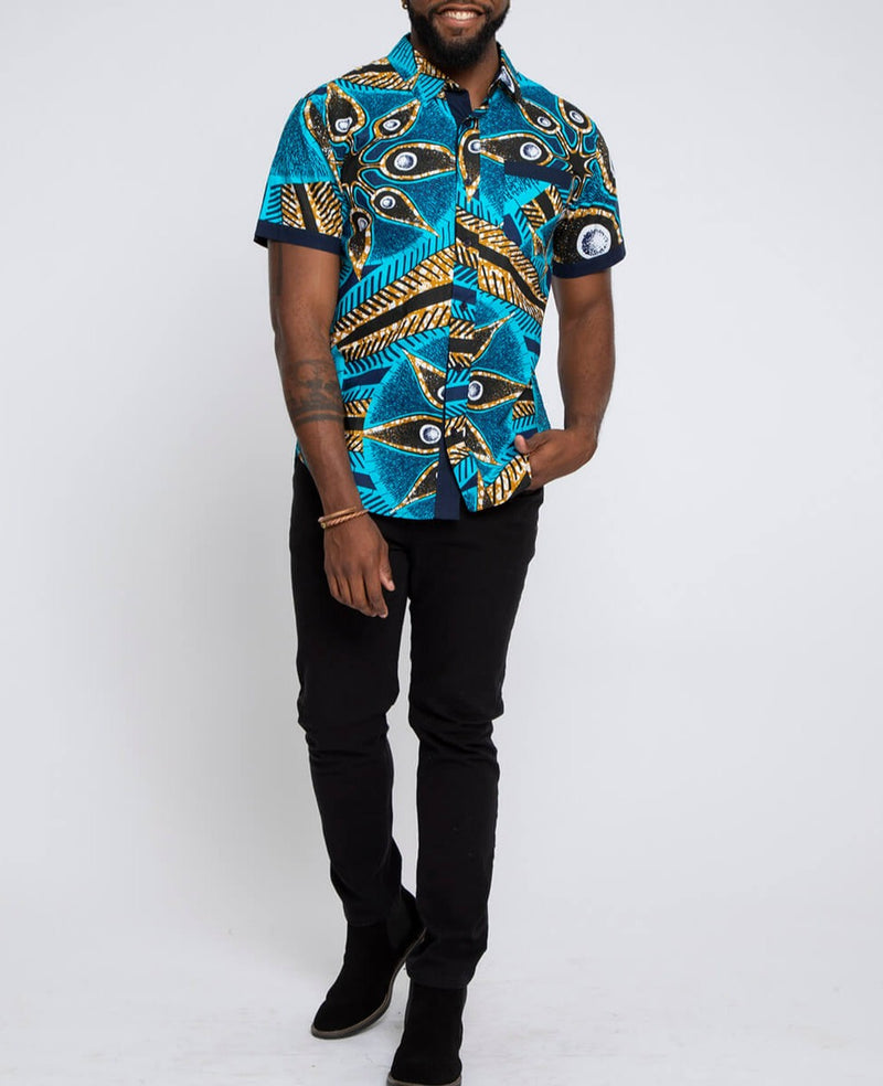 Deion Men's African Print Short Sleeve Button-Up Shirt (Sky Blue Flowers)
