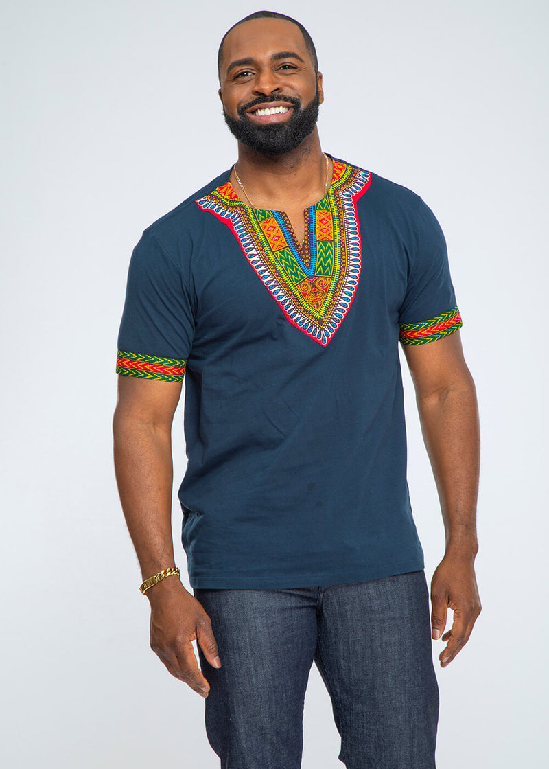 Men's African Print Dashiki T-Shirt (Navy)