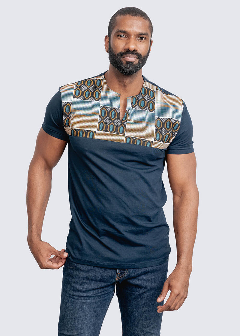 Dayo Men's African Print T-Shirt (Blue/Tan/Navy)
