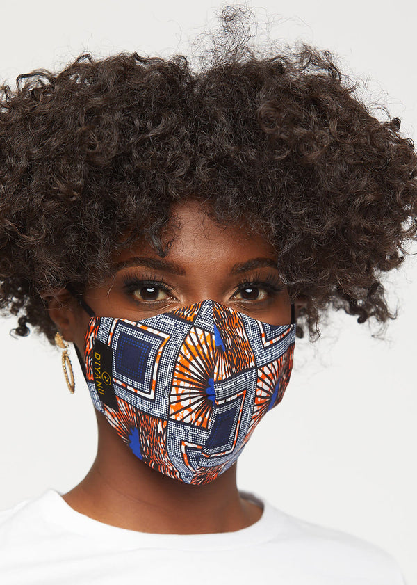 Dabo African Print 2 Layer Reusable Face Mask (Navy Orange Sunrise)-Clearance