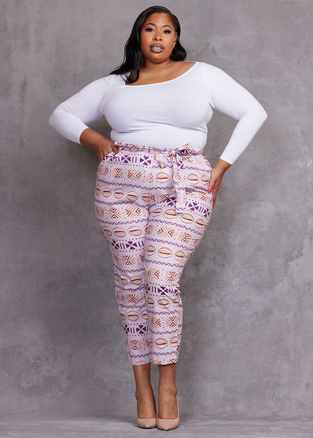 Jemila Women's African Print High-Waisted Pants (Mauve Plum Mudcloth) - Clearance