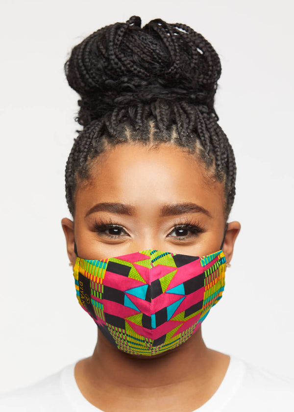 Dabo African Print 2 Layer Reusable Face Mask (Raspberry Yellow Kente)-Clearance