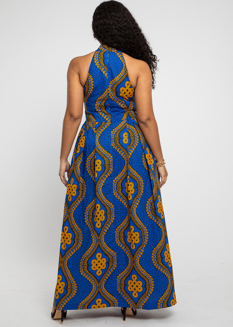 Ronke Women's African Print Maxi Dress (Gold Blue Motif)