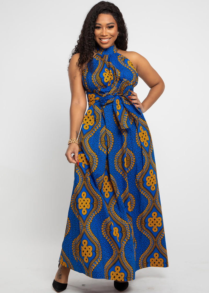 Ronke Women's African Print Maxi Dress (Gold Blue Motif)